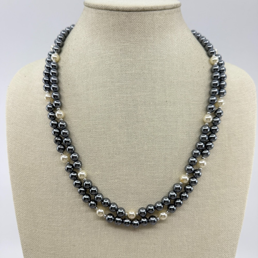Gray Cream Faux Pearl Extra Long Wrap Necklace Silver Tone Boho Statement Gift